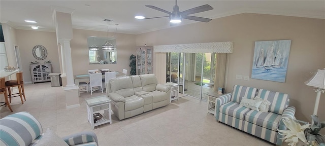 8980 SE 176th Limerick Ln, The Villages, FL 32162 - living room with decorative columns, ceiling fan, light tile patterned floors, ornamental molding, and lofted ceiling