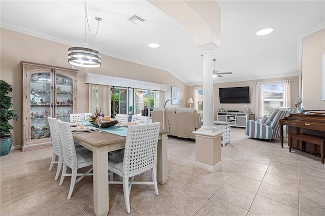 8980 SE 176th Limerick Ln, The Villages, FL 32162 - dining space with ornate columns, plenty of natural light, ornamental molding, light tile patterned flooring, and a ceiling fan