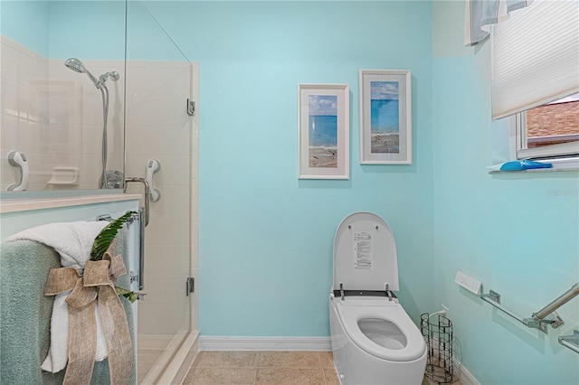 8980 SE 176th Limerick Ln, The Villages, FL 32162 - bathroom with a stall shower, baseboards, toilet, and tile patterned flooring
