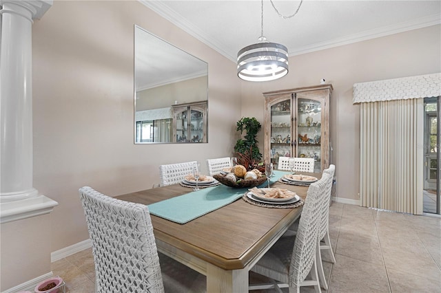8980 SE 176th Limerick Ln, The Villages, FL 32162 - dining area featuring decorative columns, ornamental molding, light tile patterned floors, plenty of natural light, and a chandelier