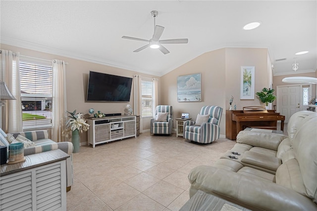 8980 SE 176th Limerick Ln, The Villages, FL 32162 - living room featuring ornamental molding, ceiling fan, baseboards, light tile patterned flooring, and lofted ceiling