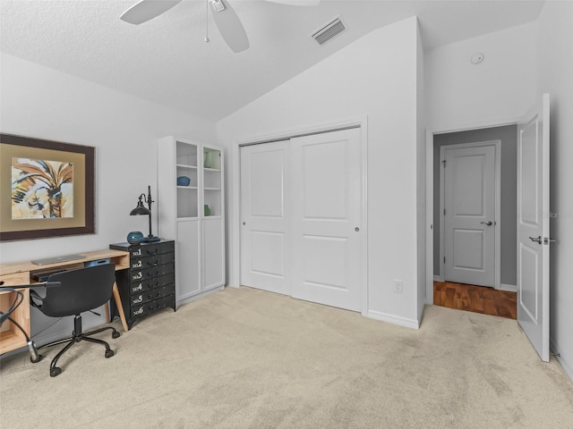 6301 Whittle Ct, The Villages, FL 32163 - carpeted office space featuring lofted ceiling, ceiling fan, and baseboards