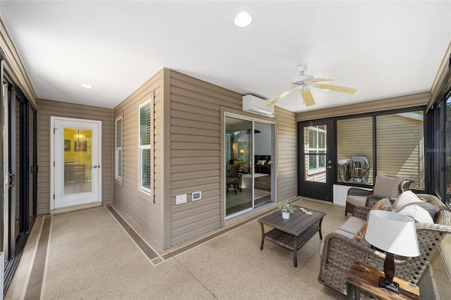 1910 Quiet Oak Ct, The Villages, FL 32162 - sunroom with a ceiling fan, an AC wall unit, and an outdoor hangout area