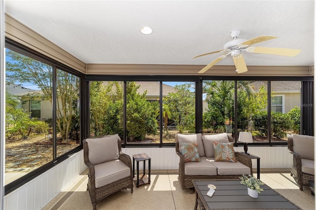 1910 Quiet Oak Ct, The Villages, FL 32162 - sunroom with ceiling fan, healthy amount of natural light, and an outdoor living space