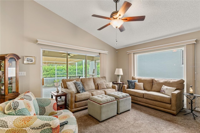 4083 Capland Ave, Clermont, FL 34711 - living area with a ceiling fan, healthy amount of natural light, a textured ceiling, carpet flooring, and high vaulted ceiling