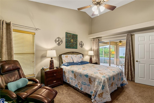 4083 Capland Ave, Clermont, FL 34711 - carpeted bedroom with access to exterior, high vaulted ceiling, and a ceiling fan