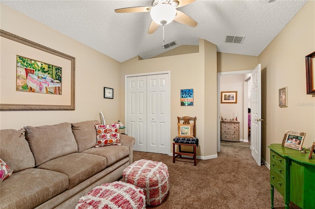 4083 Capland Ave, Clermont, FL 34711 - living area featuring a ceiling fan, carpet floors, lofted ceiling, a textured ceiling, and baseboards