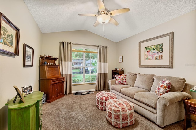 4083 Capland Ave, Clermont, FL 34711 - carpeted living room with a ceiling fan, vaulted ceiling, and a textured ceiling
