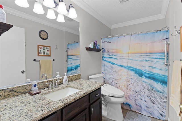 2785 Privada Dr, The Villages, FL 32162 - full bath featuring vanity, toilet, a textured ceiling, crown molding, and a shower with shower curtain