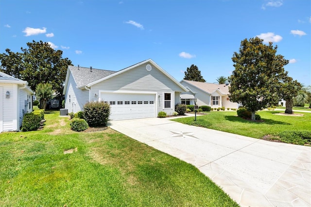 654 Fayette Ct, The Villages, FL 32162 - ranch-style house with an attached garage, a front lawn, concrete driveway, and central AC