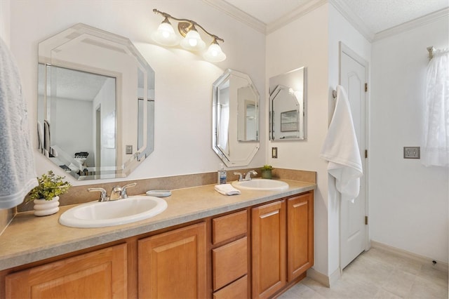 654 Fayette Ct, The Villages, FL 32162 - bathroom featuring double vanity, ornamental molding, and tile patterned flooring