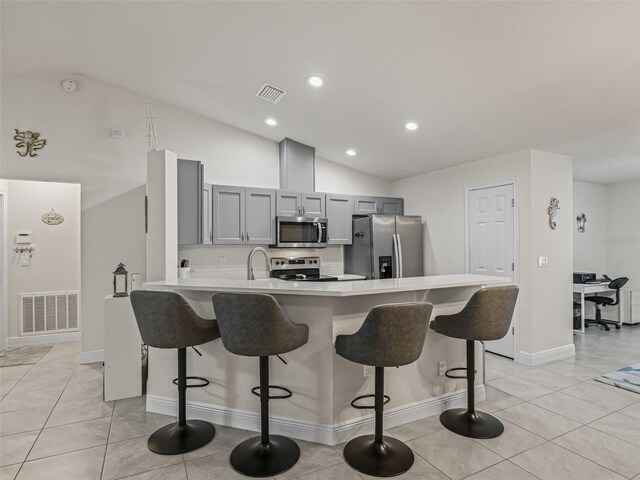 9364 SE 164th Pl, Summerfield, FL 34491 - kitchen with appliances with stainless steel finishes, gray cabinets, lofted ceiling, a peninsula, and light countertops