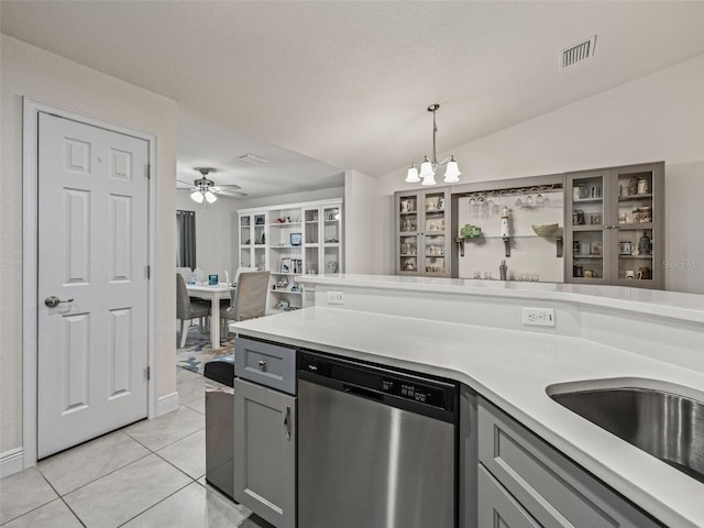 9364 SE 164th Pl, Summerfield, FL 34491 - kitchen featuring dishwasher, gray cabinets, light countertops, and a chandelier