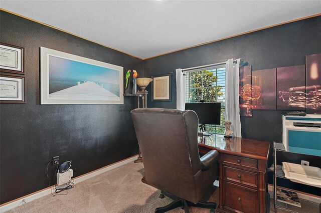 12952 Del Lago Dr, Astatula, FL 34705 - carpeted home office featuring a textured wall and baseboards