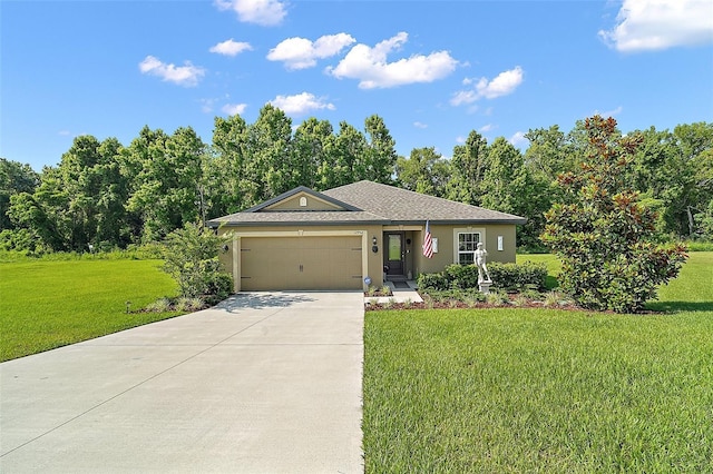 12952 Del Lago Dr, Astatula, FL 34705 - ranch-style house with concrete driveway, an attached garage, a front lawn, and stucco siding