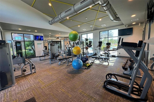17112 Goldcrest Loop, Clermont, FL 34714 - workout area featuring recessed lighting, high vaulted ceiling, and carpet floors