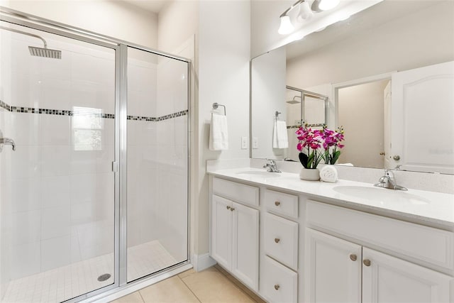 17112 Goldcrest Loop, Clermont, FL 34714 - full bathroom with double vanity, a stall shower, and tile patterned floors