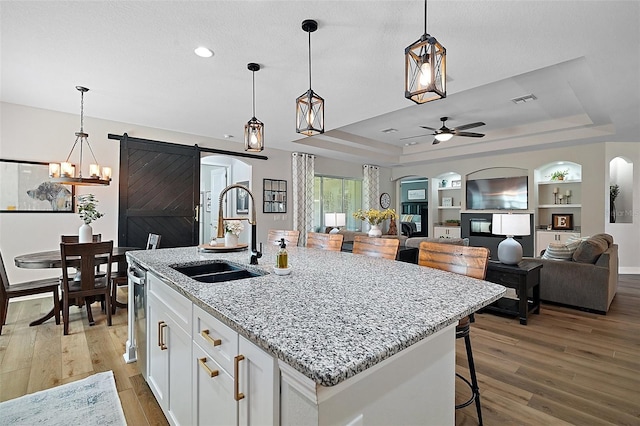 440 Bellissimo Pl, Howey In The Hills, FL 34737 - kitchen featuring a sink, arched walkways, a tray ceiling, a barn door, and recessed lighting