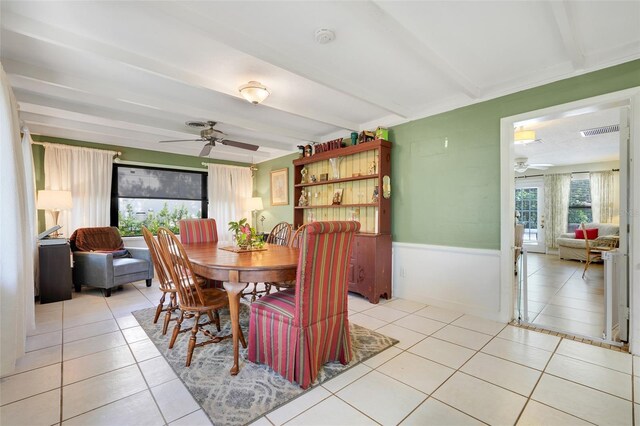 410 E Gulley Ave, Oakland, FL 34760 - dining space with a ceiling fan, light tile patterned floors, beamed ceiling, and a wainscoted wall