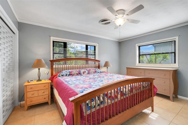 410 E Gulley Ave, Oakland, FL 34760 - bedroom featuring light tile patterned floors, multiple windows, baseboards, crown molding, and a ceiling fan