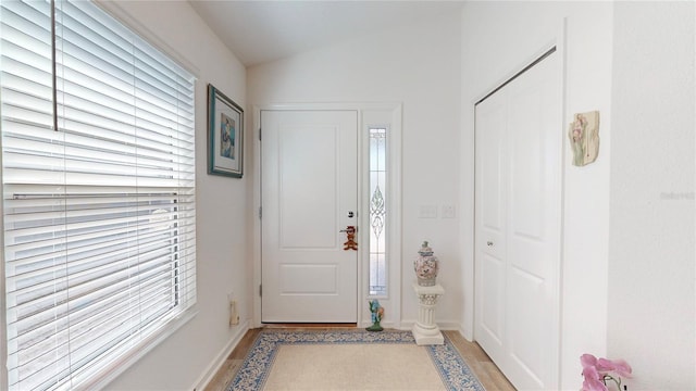 3817 Miragalia Ln, The Villages, FL 32163 - foyer entrance with healthy amount of natural light, light wood-style floors, lofted ceiling, and baseboards