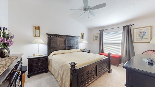 3817 Miragalia Ln, The Villages, FL 32163 - bedroom featuring light colored carpet, lofted ceiling, and a ceiling fan