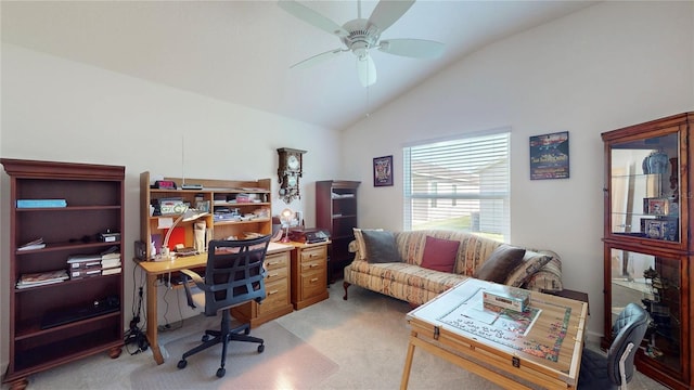 3817 Miragalia Ln, The Villages, FL 32163 - office space featuring vaulted ceiling, a ceiling fan, and light carpet