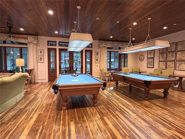 3817 Miragalia Ln, The Villages, FL 32163 - game room featuring billiards table, hardwood / wood-style flooring, french doors, wooden ceiling, and recessed lighting