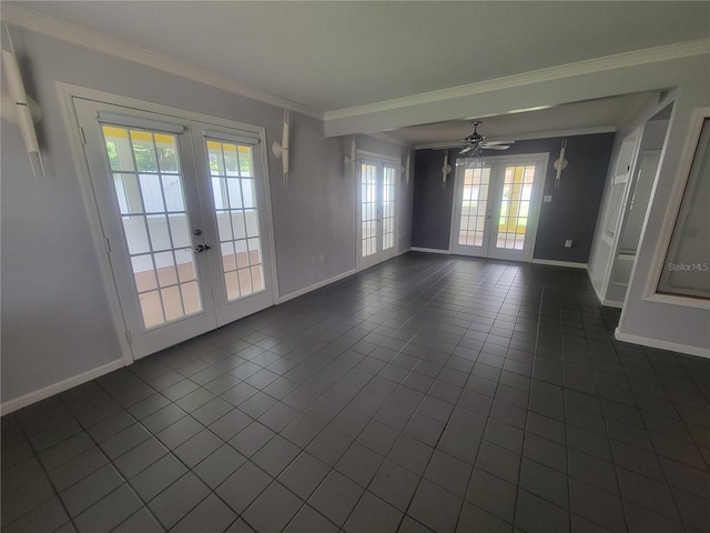 6924 Nawadaha Blvd, Orlando, FL 32818 - unfurnished room with french doors, dark tile patterned floors, crown molding, and a ceiling fan