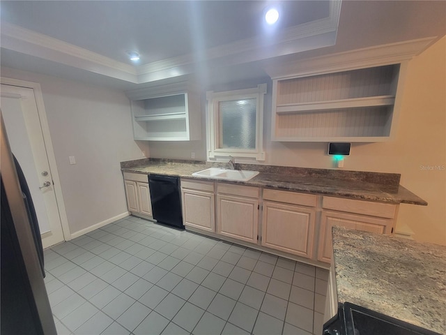 6924 Nawadaha Blvd, Orlando, FL 32818 - kitchen with open shelves, black dishwasher, ornamental molding, tile patterned flooring, and a tray ceiling
