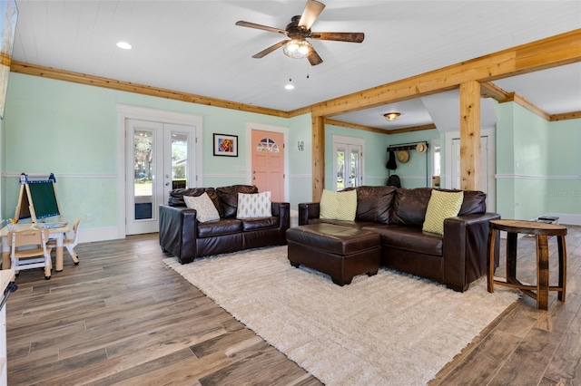 378 W Osceola St, Clermont, FL 34711 - living room with french doors, wood finished floors, crown molding, a ceiling fan, and recessed lighting