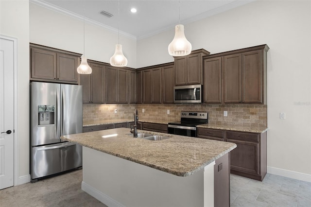 9220 San Jose Blvd, Howey In The Hills, FL 34737 - kitchen with stainless steel appliances, a sink, dark brown cabinets, backsplash, and ornamental molding