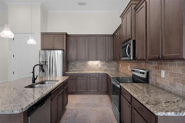 9220 San Jose Blvd, Howey In The Hills, FL 34737 - kitchen featuring stainless steel appliances, a sink, backsplash, crown molding, and light stone counters