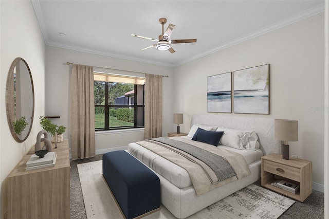 9220 San Jose Blvd, Howey In The Hills, FL 34737 - carpeted bedroom with crown molding, baseboards, and ceiling fan