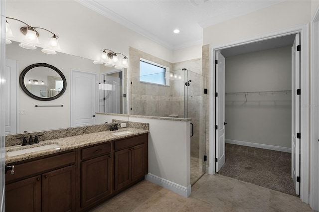 9220 San Jose Blvd, Howey In The Hills, FL 34737 - bathroom with a shower stall, ornamental molding, double vanity, a spacious closet, and tile patterned flooring