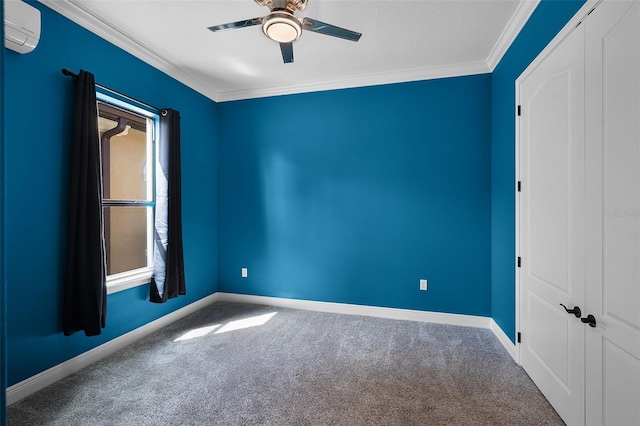 9220 San Jose Blvd, Howey In The Hills, FL 34737 - carpeted spare room featuring an AC wall unit, ceiling fan, ornamental molding, and baseboards