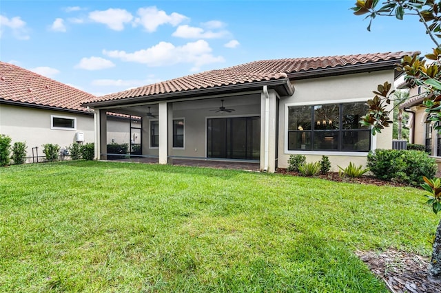 9220 San Jose Blvd, Howey In The Hills, FL 34737 - rear view of house featuring ceiling fan, a lawn, a tiled roof, and stucco siding