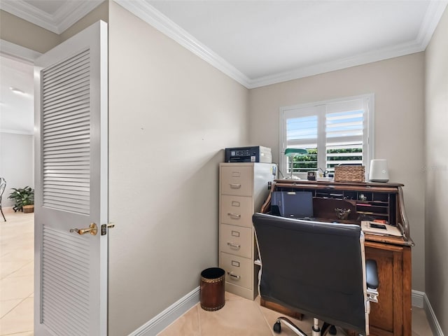 654 Poinsett Ct, The Villages, FL 32162 - office featuring ornamental molding, light tile patterned floors, and baseboards
