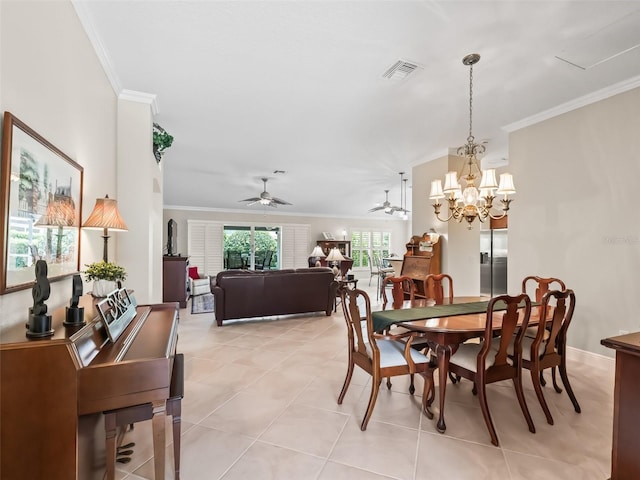 654 Poinsett Ct, The Villages, FL 32162 - dining room with a ceiling fan, crown molding, light tile patterned floors, and a chandelier