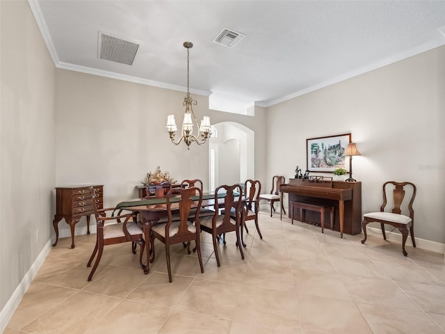 654 Poinsett Ct, The Villages, FL 32162 - dining room with arched walkways, crown molding, a chandelier, baseboards, and light tile patterned flooring