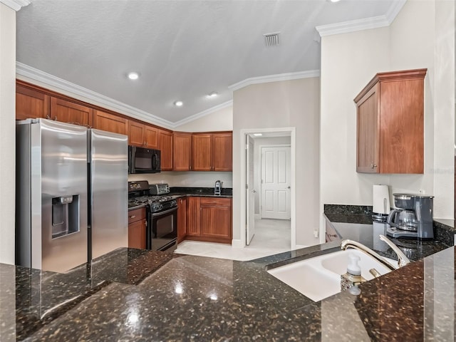 654 Poinsett Ct, The Villages, FL 32162 - kitchen featuring black appliances, crown molding, lofted ceiling, dark stone counters, and a sink
