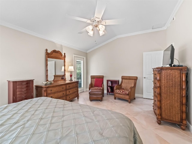 654 Poinsett Ct, The Villages, FL 32162 - tiled bedroom featuring crown molding, vaulted ceiling, ceiling fan, and baseboards