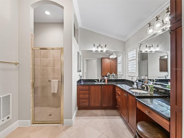 654 Poinsett Ct, The Villages, FL 32162 - bathroom featuring crown molding, a stall shower, double vanity, tile patterned flooring, and lofted ceiling