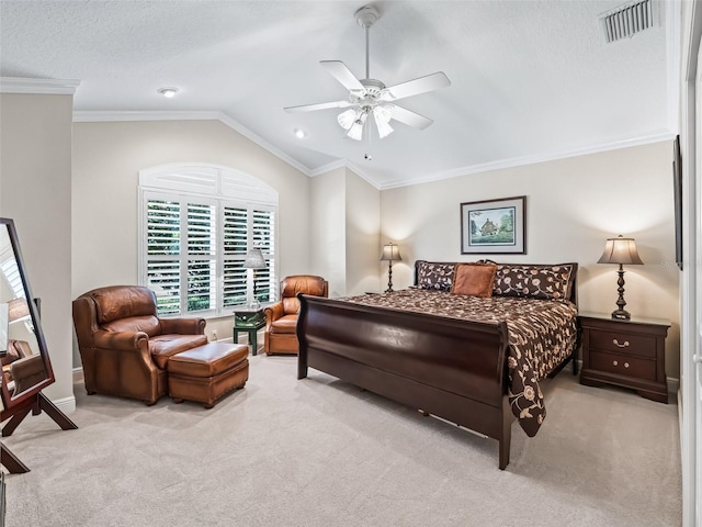 654 Poinsett Ct, The Villages, FL 32162 - bedroom featuring carpet floors, vaulted ceiling, crown molding, ceiling fan, and baseboards