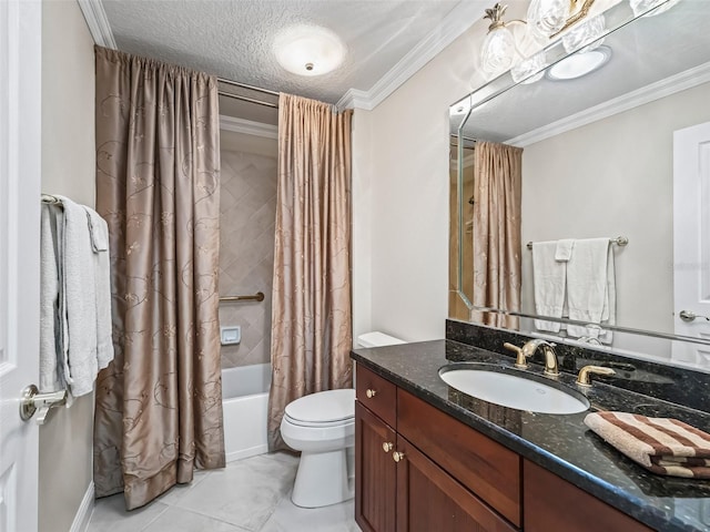 654 Poinsett Ct, The Villages, FL 32162 - full bath with vanity, shower / bathtub combination with curtain, toilet, tile patterned flooring, and ornamental molding