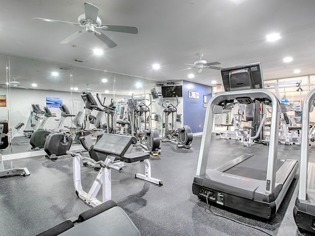 3425 S Atlantic Ave Unit 1101, Daytona Beach, FL 32118 - exercise room with a ceiling fan and recessed lighting