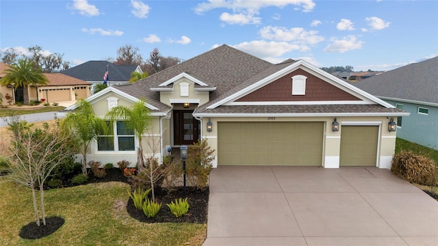 3769 Causey Ct, The Villages, FL 32163 - craftsman inspired home with an attached garage, concrete driveway, roof with shingles, and stucco siding