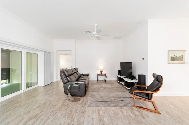 3769 Causey Ct, The Villages, FL 32163 - living room with ornamental molding, wood finished floors, ceiling fan, and baseboards