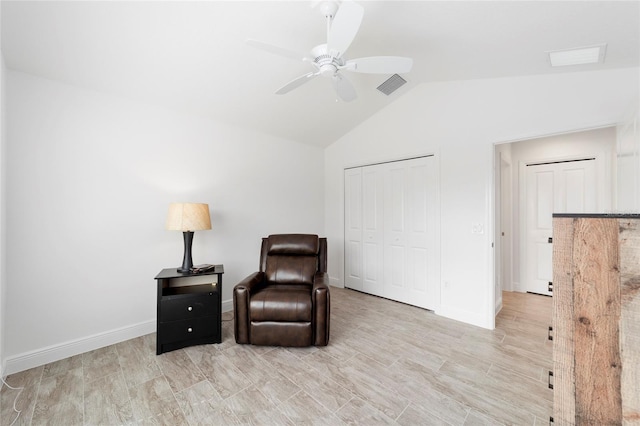 3769 Causey Ct, The Villages, FL 32163 - living area featuring ceiling fan, lofted ceiling, baseboards, and wood finished floors