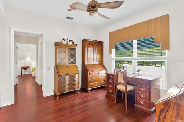 6048 Topsail Rd, Lady Lake, FL 32159 - office featuring ceiling fan and dark wood-style floors